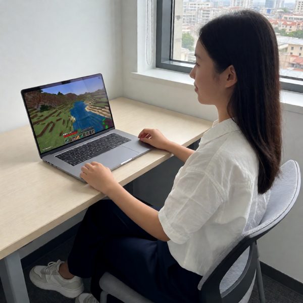 建筑向评测员小满在游戏中搭建我的世界建筑取景测试场景,屏幕上是河谷缓坡地形