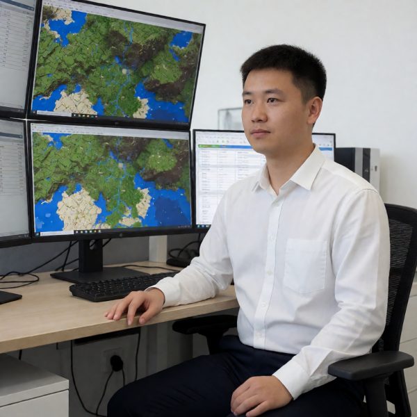 数据核验员老周在整理我的世界种子坐标记录表格,多屏显示地形俯视图
